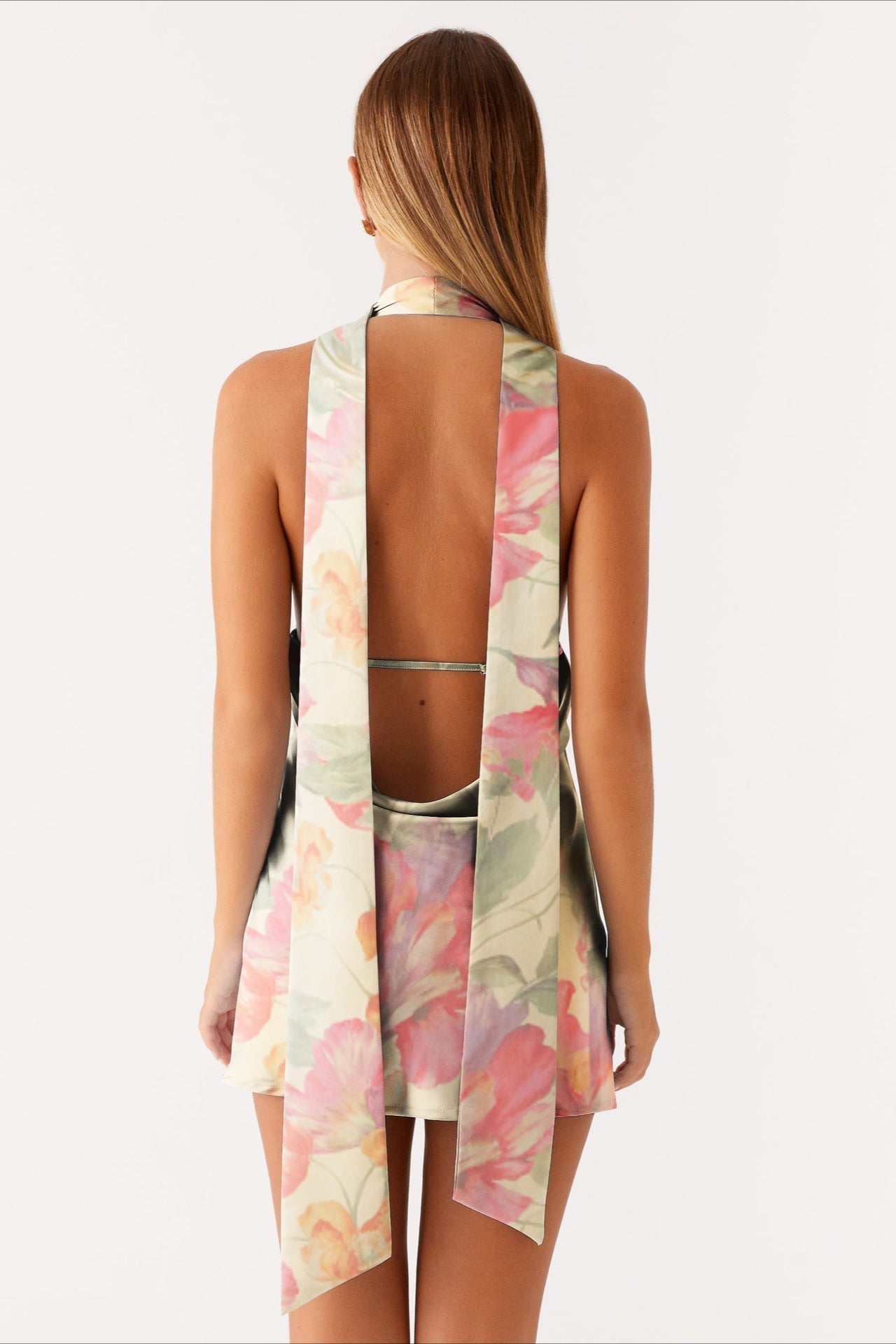 Halter Choker Deep V Neck Asymmetric Hem Watercolor Floral Print Mini Dress