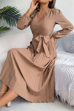 Deep V-Neck Bishop Sleeve Button Front Pleated Belted Midi Dress