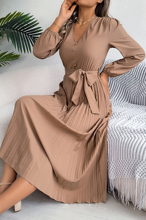 Deep V-Neck Bishop Sleeve Button Front Pleated Belted Midi Dress