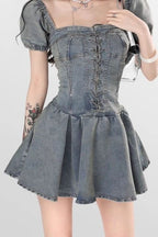 Denim Lace Up Corset Square Neck Puff Sleeve Fit and Flare Mini Dress