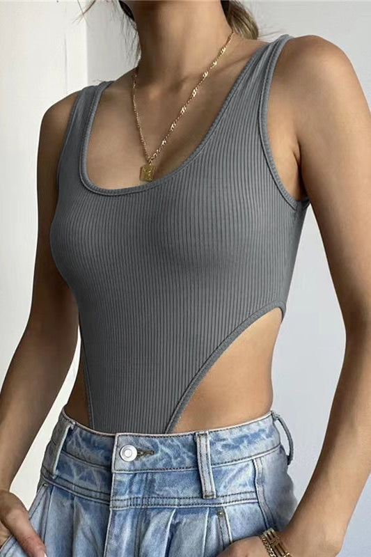 Sexy Slim U Neck High Slit Tank Bodysuit