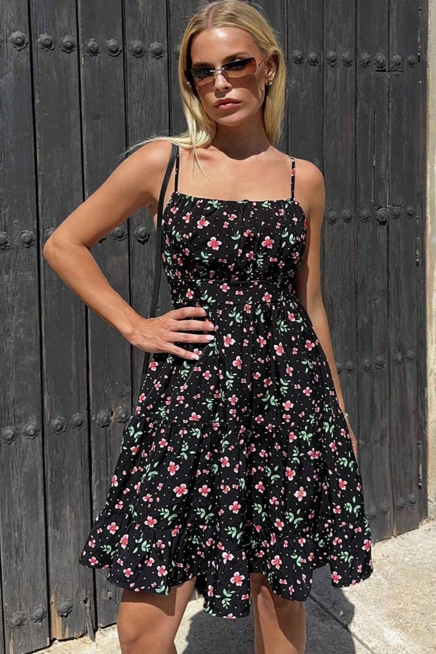 Ditsy Floral Polka Dot Print Tiered Ruffle Spaghetti Strap Mini Dress