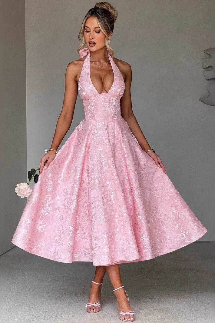 Jacquard Halter Neck Deep V-Neck Bustier Pleated A-Line Midi Dress