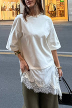 Stylish Round Neck Short-sleeved Patchwork Lace Hem Loose T-shirt