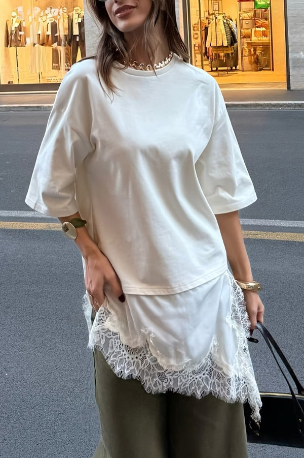 Stylish Round Neck Short-sleeved Patchwork Lace Hem Loose T-shirt