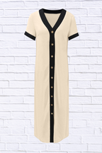 Button-Front Contrast Trim Midi Dress