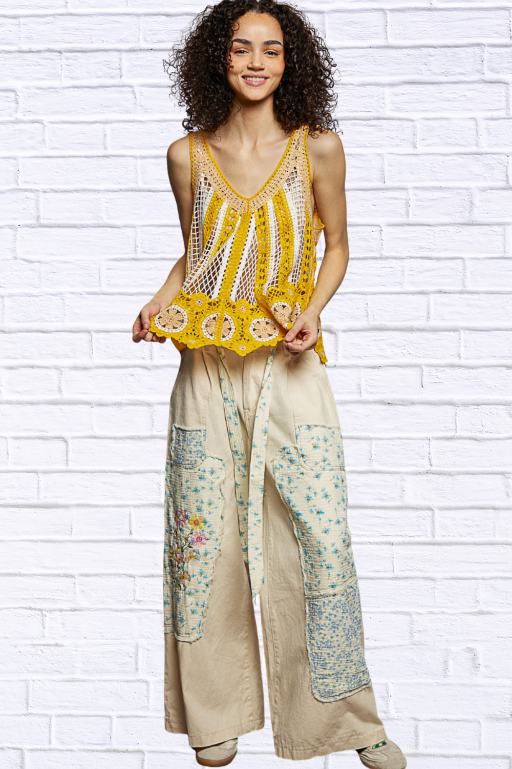 Lilly  Openwork Stripe Pattern Flowy Tank with Scalloped Edge