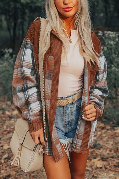 Button Up Corduroy Splice Plaid Shacket
