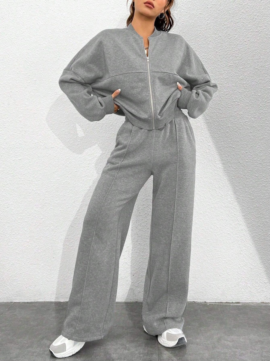 Sports And Leisure Solid Color Crew Neck Zipper 2-piece Sets
