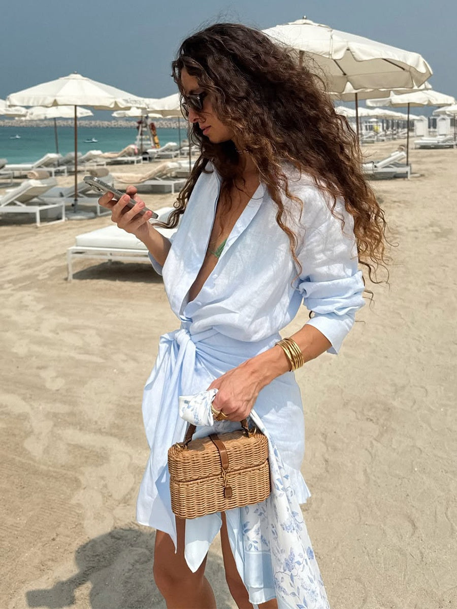 Pure Cotton Lapel Hip-hugging Shirts Mini&Short Dresses