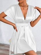 V-neck, Fitted Waist, Zippered, Glossy Short Dress