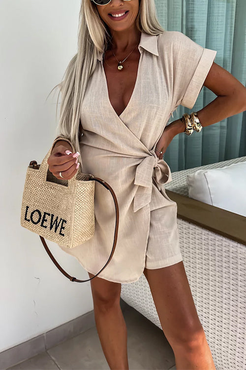 Wrap V Neck Tie Knot Shorts Romper