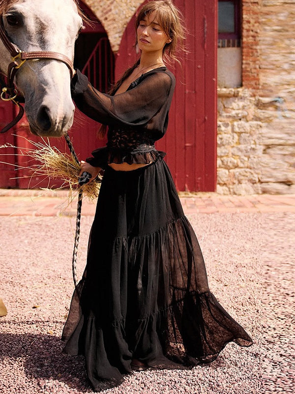 Two-piece Set: Lace Chiffon Cardigan Top, Loose-fitting Sheer Belted Skirt
