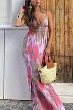 V Neck Open Back High Waist Tie Dye Maxi Vacation Dress