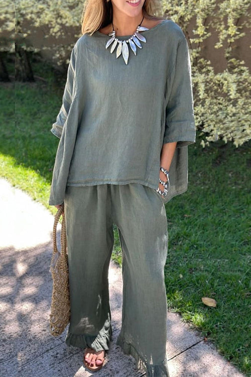 Cotton Linen 3/4 Sleeves Pullover Top Wide Leg Ruffle Hem Pants Set