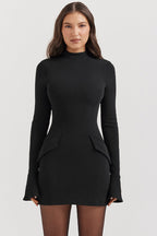 Mock Neck Long Sleeve Princess Seam Hip Flap Panel Mini Dress