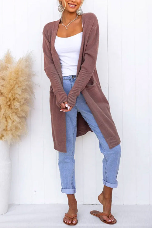 Open Front Pockets Solid Knitting Midi Cardigan