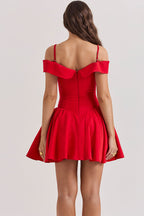 Off Shoulder Foldover Collar Spaghetti Strap Pleated Fit and Flare Mini Dress
