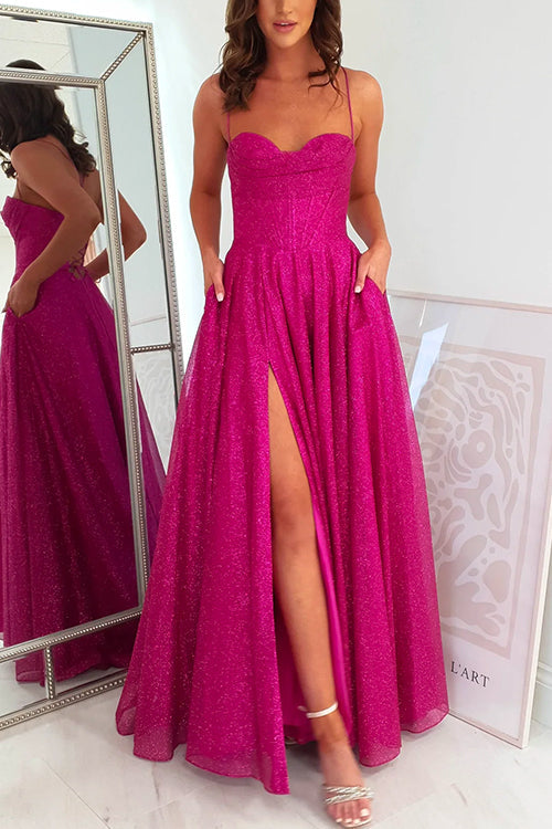 Lace Up Backless High Slit Corset Glitter Maxi Gown Dress