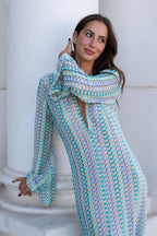Pilar Chic Boho V Neck Bell Sleeve Maxi Dress, Wavy Striped Crochet Beach Holiday Dress Evening Wear Edit
