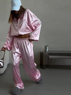Zippered Loose Sweatshirt Jacket And Wide-Leg Pants Two-Piece Set