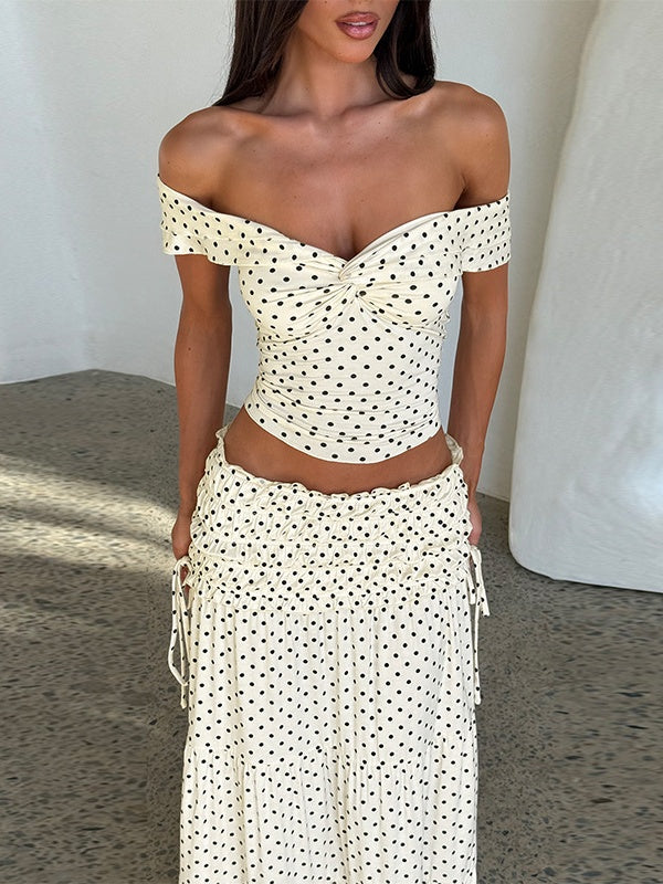Two-piece Set: Raglan Strapless Top With Polka Dot Side Bow And Long Skirt