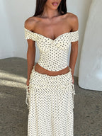 Two-piece Set: Raglan Strapless Top With Polka Dot Side Bow And Long Skirt
