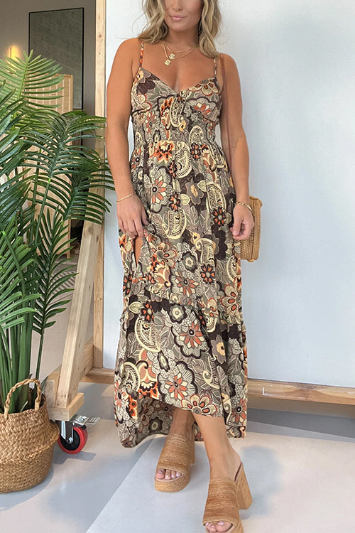 V Neck Back Lace-up Slit Floral Print Maxi Cami Dress