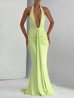 Halter Neck Deep V-neck Fitted Waist Long Dress Sexy Backless Ribbon Fishtail Long Dress