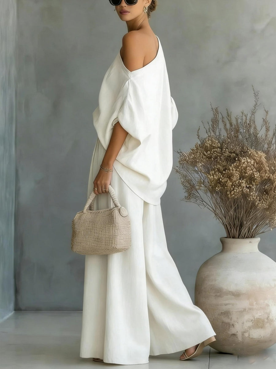 Loose-fit Off-shoulder Jacket Wide-leg Pants Set 2-piece Sets