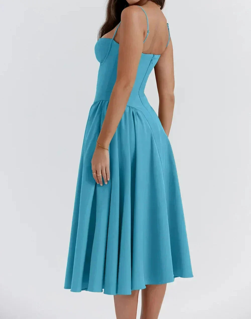 Corset Bodice Basque Waist Pleated A-Line Midi Dress