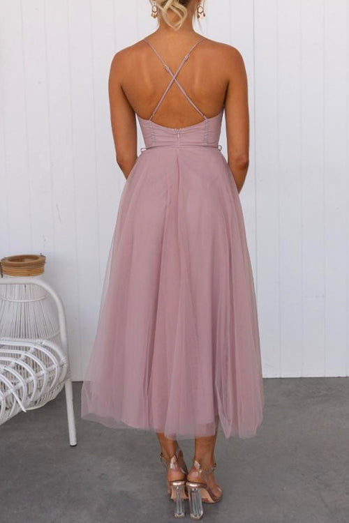 Backless Tie Waist Mesh Swing Maxi Cami Dress