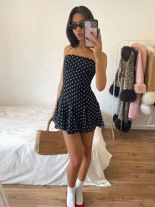 Polka Dot Print Fitted Waist Strapless Halter Neck Short Dress