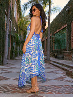 Ethnic-style Printed Off-shoulder V-neck Spaghetti Strap Long Dress