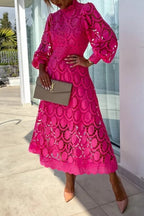 Mockneck Puff Sleeves Lace Hollow Out Mid Dress