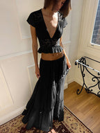 Silk Chiffon Cardigan T-shirt Loose See-through Long Dress With Tie