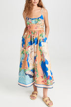 Tie Shoulder Pocketed Unique Print Midi Vacation Cami Dress