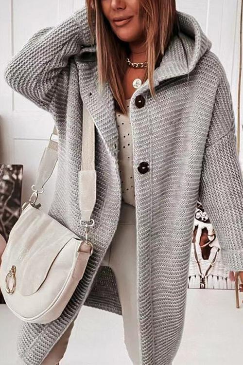 Solid Drop Shoulder Hoodied Knitting Cardigan