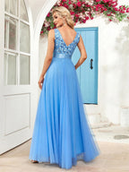 V-neck Embroidery Sequins Elegant Gauze Formal Dress Maxi Dresses