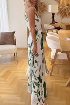 Mockneck Split Wrap Front Sleeveless Top and Wide Leg Pants Printed Set