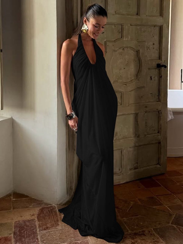 Loose-fitting, Backless, Sleeveless, V-neck, Pleated Halter-neck Mesh Long Dress