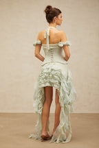 Patricia green floral-appliqué asymmetrical ruffled mini dress