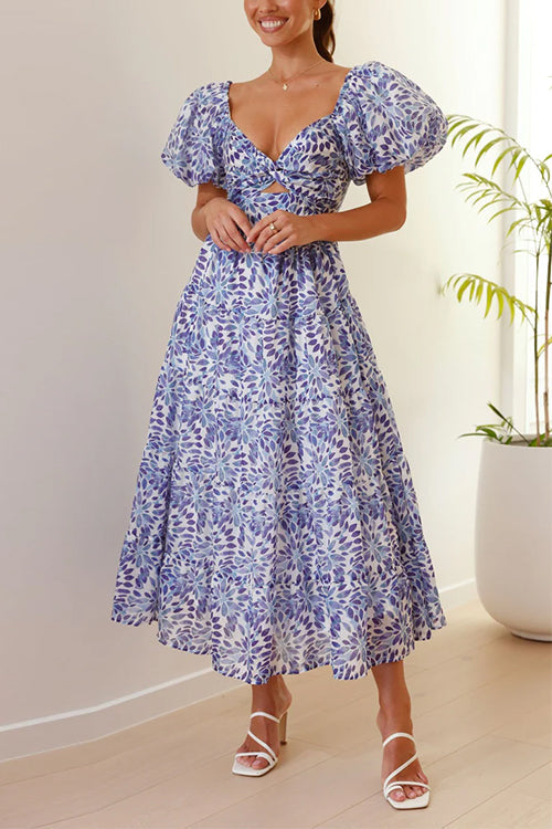 V Neck Twist Front Cut Out Waisted Floral Maxi Ruffle Dress
