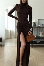 Turtleneck Ruched High Slit Maxi Party Dress
