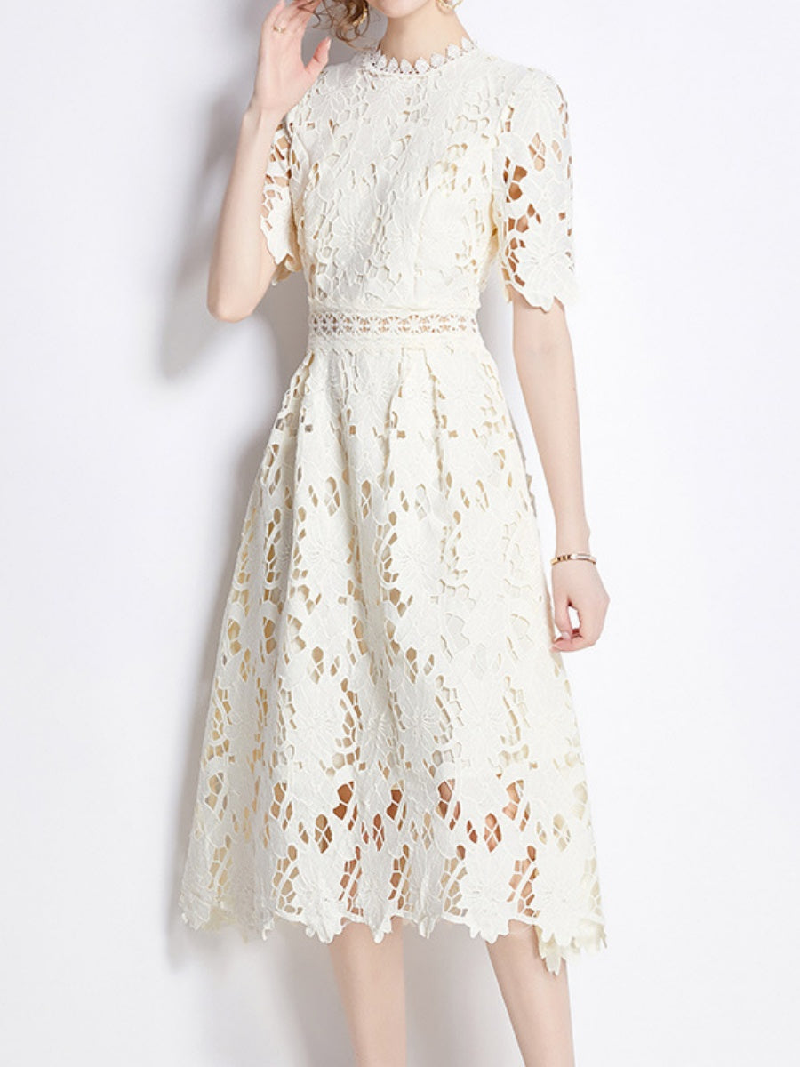 Water-soluble Lace Short-sleeved Slim-fit Midi Dress