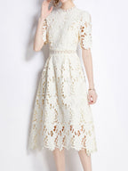 Water-soluble Lace Short-sleeved Slim-fit Midi Dress