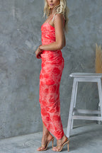 Twist Front Side Slit Mesh Overlay Printed Maxi Cami Dress