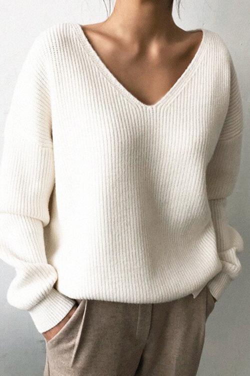 Solid V Neck Irregular Hem Knit Pullovers