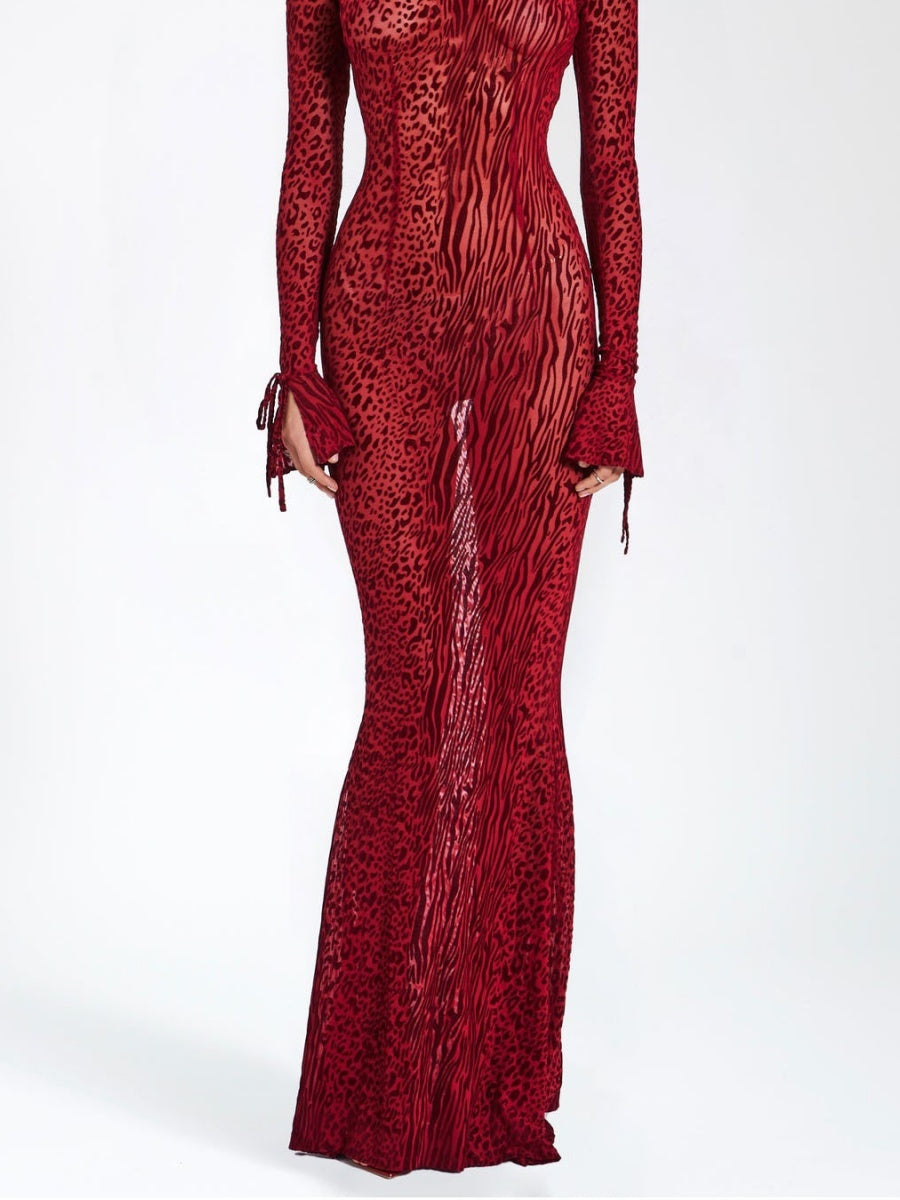 Backless Slightly Flared Sleeves Fishtail Skirt Mesh Printing Maxi Dresses