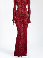 Backless Slightly Flared Sleeves Fishtail Skirt Mesh Printing Maxi Dresses
